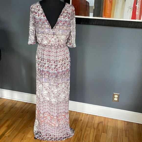 Lily Rose light violet/pink floral print V wrap bodice short sleeve maxi. XS. - Picture 1 of 9